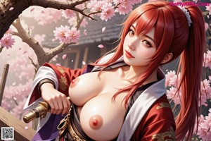 A woman in traditional attire with a kimono and accessories, surrounded by cherry blossoms.