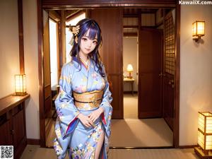 A woman in a blue kimono sitting on a wooden bench.