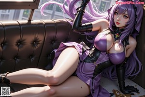 A woman with long purple hair wearing a red cape.
