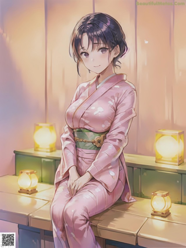 A woman in a pink kimono sitting on a bench.