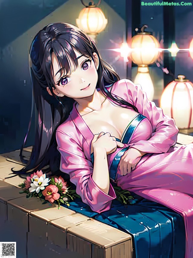 A woman in a pink kimono sitting on a bench.