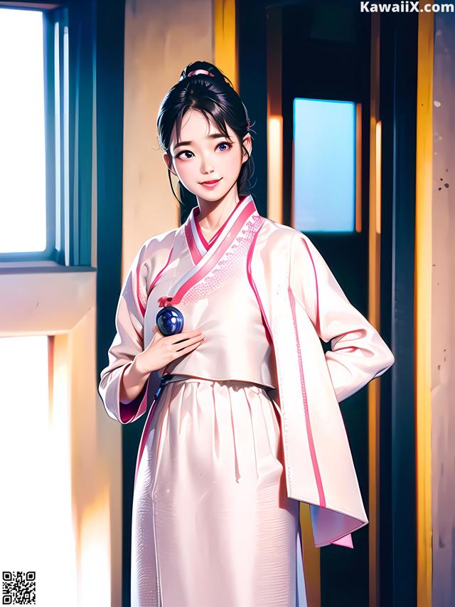 A woman in a pink kimono holding a blue ball.