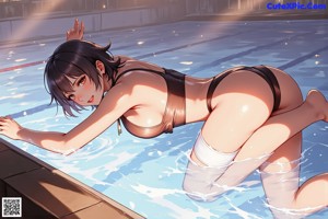 A woman in a black bikini sitting by a pool.