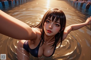 A woman in a bikini sitting next to a swimming pool.