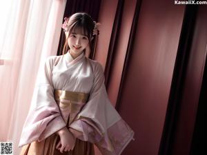 A woman in a kimono sitting on a window sill.