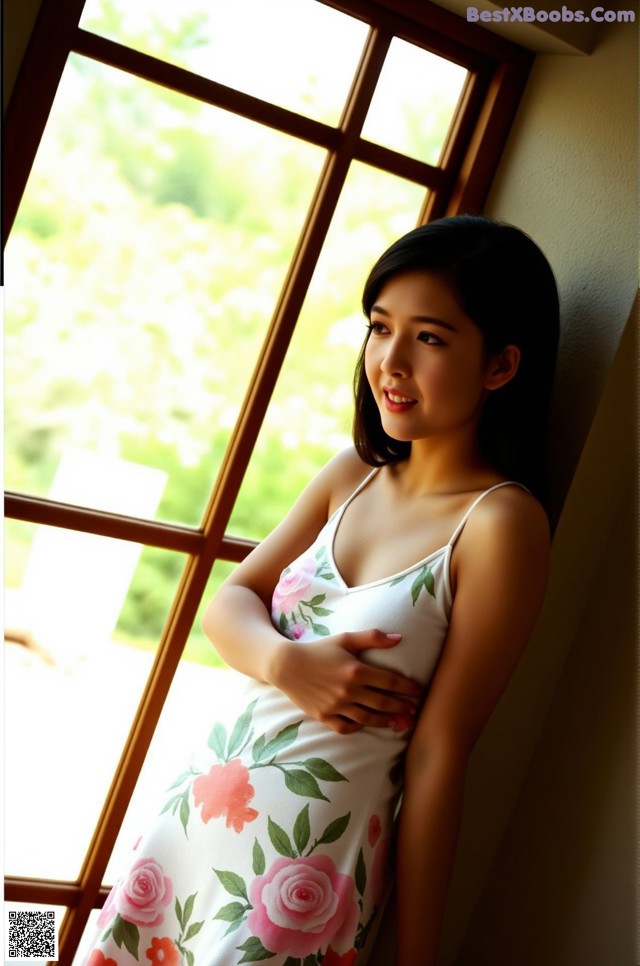 A woman in a white dress leaning against a window.