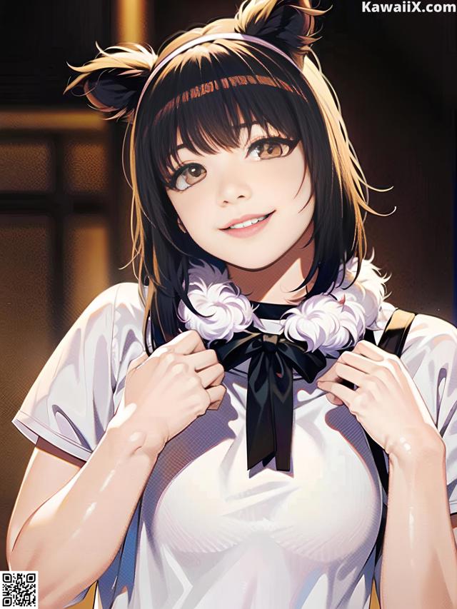 A woman in a white shirt with a cat ears headband.