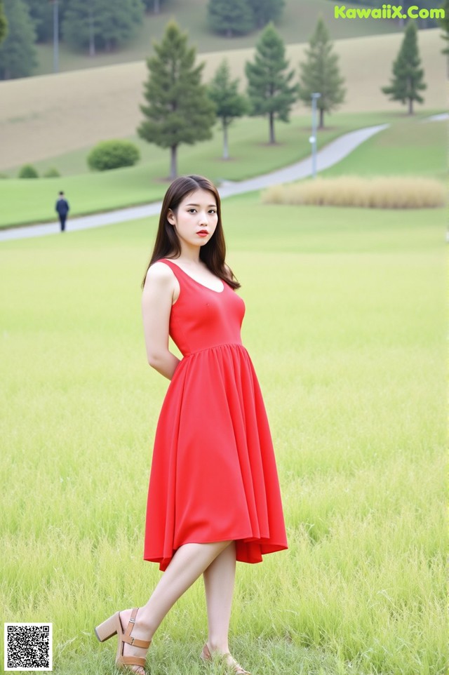 A woman in a red dress standing in a field.