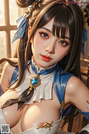 A woman in a blue and white outfit is posing for a picture.
