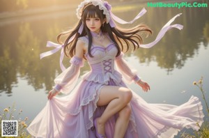 A woman with long black hair wearing a purple dress.