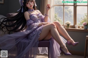 A woman with long black hair wearing a purple dress.