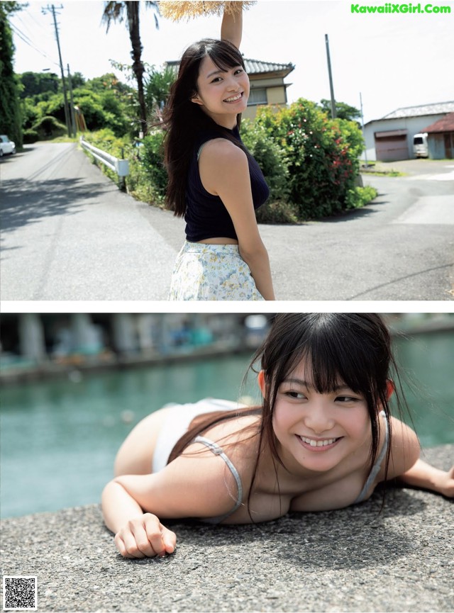 A woman laying on the ground next to a body of water.