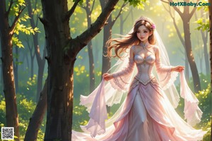 A woman in a wedding dress walking through a forest.
