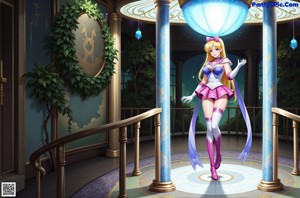 A woman in a blue and orange dress and thigh high boots.