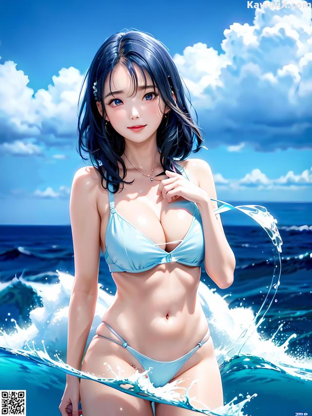 A woman in a blue bikini standing in the ocean.