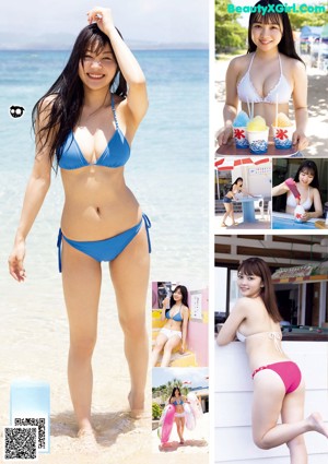 A woman in a red bikini standing next to a swimming pool.