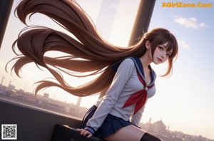 A woman in a school uniform posing for a picture.