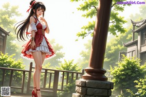 A woman in a red and white dress sitting on some steps.