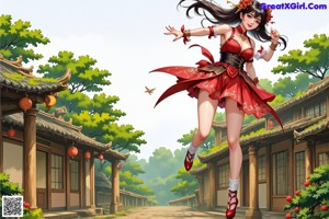 A woman in a red dress with long black hair.