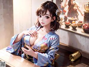 A woman in a blue kimono sitting on a stone wall.