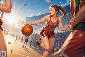 A woman in a basketball uniform crouching on a basketball court.