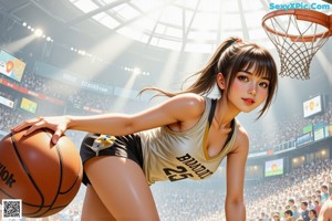 A girl in a yellow and black uniform holding a basketball.