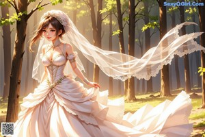 A woman in a wedding dress walking through a forest.