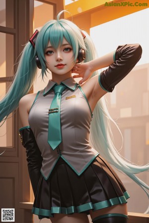 A woman with long blue hair sitting on top of a counter.