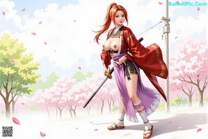 A woman in traditional attire holds a sword, surrounded by blossoms.
