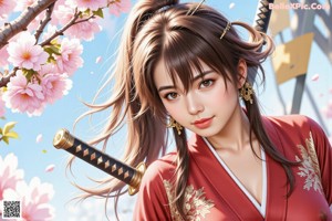 A woman in traditional attire holds a sword, standing on a path lined with cherry blossoms.