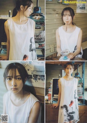 A collage of photos of a woman in a red blouse.
