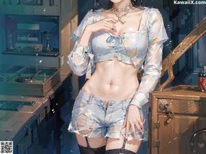 A woman in a white shirt and blue shorts posing for a picture.