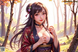 A woman in a red kimono is standing in the woods.