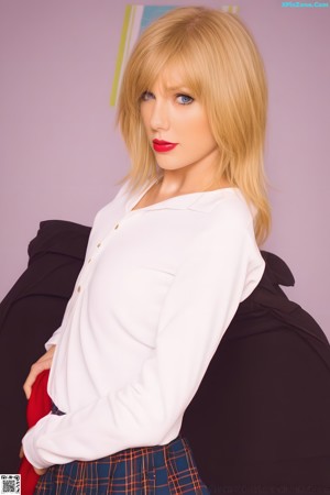 A woman in a black top and skirt posing on a white couch.