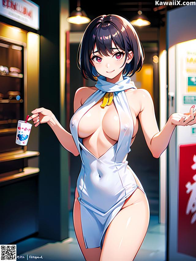 A woman in a white bathing suit holding a cup of coffee.