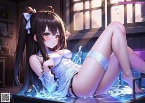 A naked anime girl in a bathroom with a red ribbon tied around her waist.