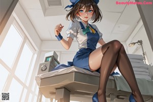 A woman in a nurse outfit sitting on a stool.