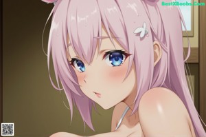 A woman in a white bikini with a cat ears on her head.