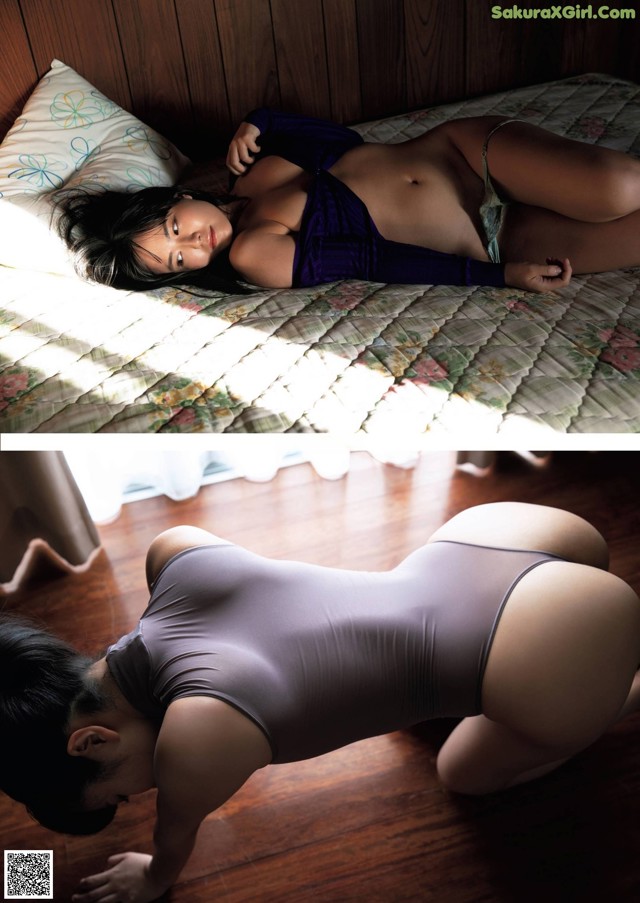 A woman laying on a bed in a purple bodysuit.