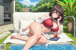 Anime girl with blue hair sitting on a bench in a pool.