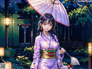A woman in a purple kimono sitting on a table.