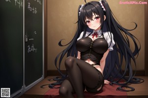 Anime girl with long black hair and a blue bow on her head.