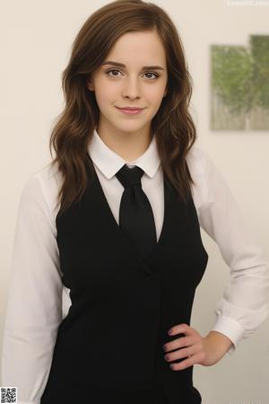A woman in a black top and houndstooth skirt posing for the camera.
