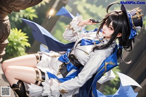A woman in a blue and white outfit is posing for a picture.