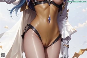 A woman with long blue hair wearing a black and white outfit.