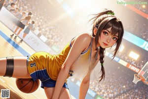 A woman in a red uniform holding a basketball on a court.