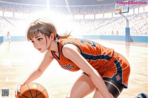 A woman holding a basketball on a basketball court.