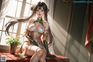 A woman in a white and gold outfit sitting on the floor.