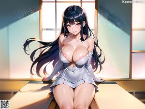A woman in a blue bathing suit standing in front of a window.