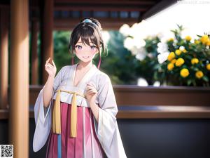 A woman in a pink kimono sitting on a white table.